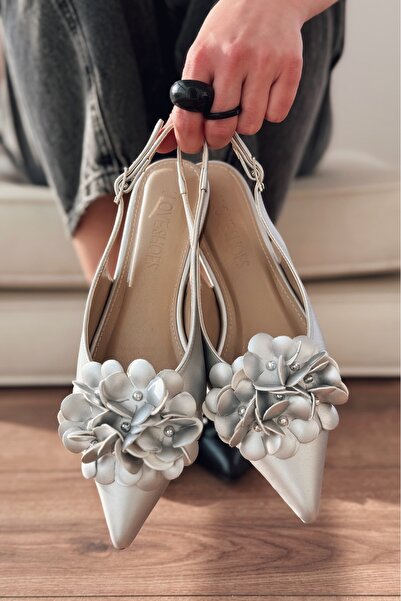 I Love Shoes Balerini de damă din piele mată Lavexso cu detalii florale argintiu