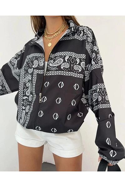 SuQ Women's Digital Printed Parachute Fabric Windbreaker - Black