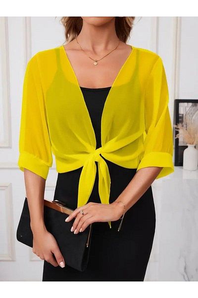 modamtn Women's Three Quarter Sleeve Front Tie-Up Short Chiffon Bolero Jacket