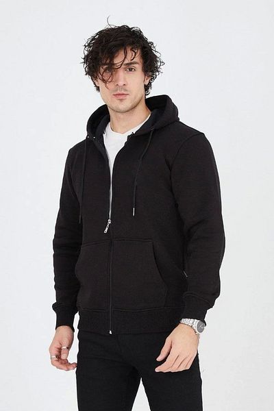 SuQ Men's Hooded Plain Zippered Cardigan - Black