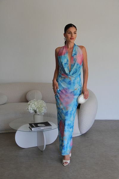 Julidress Degaje Collar Back Low-Cut Patterned Lined Premium Chiffon Tulle Dress