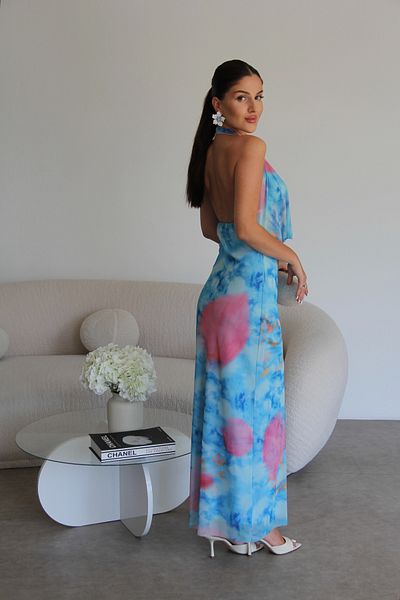 Julidress Degaje Collar Back Low-Cut Patterned Lined Premium Chiffon Tulle Dress