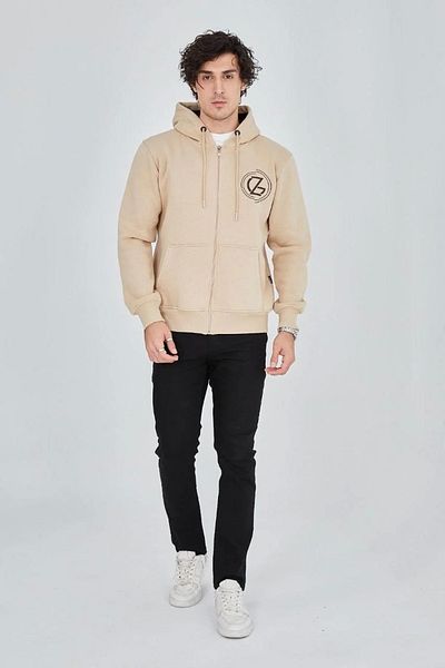 SuQ Men's Hooded Printed Zippered Cardigan - Beige