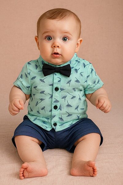 Yalçınoğlu Kids Baby Boy Breathable Skin Friendly Stretchy Bow Tie Detail Shirt Shorts Set - Exclusive for Little Gentlemen