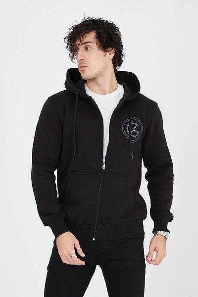 SuQ    Men's Hooded Printed Zippered Cardigan - Black