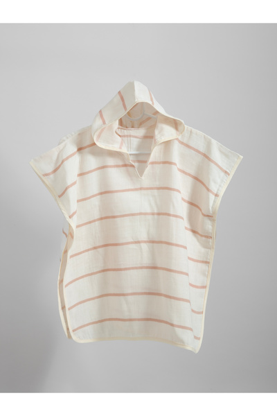 Adecoo Soft Bej Çizgili Müslin Panço %100 el yapımı