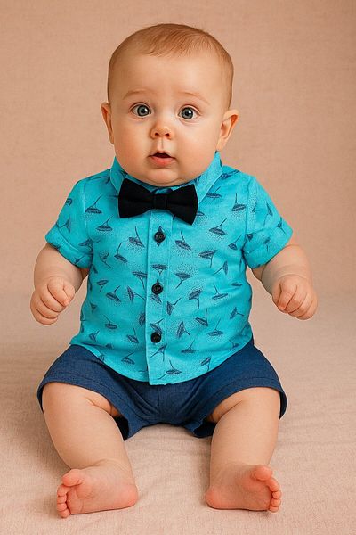 Yalçınoğlu Kids Baby Boy Breathable Skin Friendly Stretchy Bow Tie Detail Shirt Shorts Set - Exclusive for Little Gentlemen