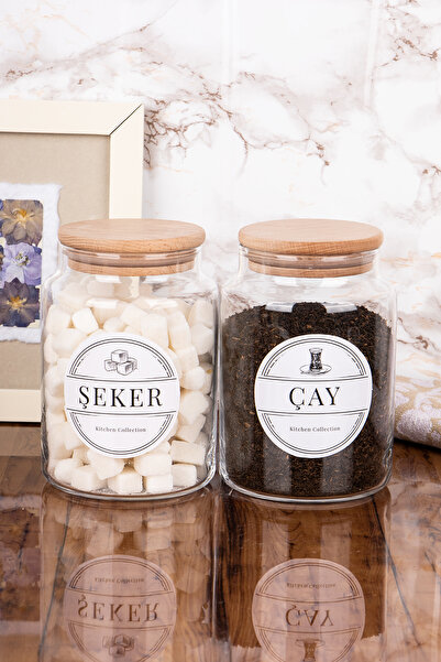 Minya Home 2'li Çay & Şeker Saklama Kavanozu Ahşap Vakum Kapaklı Kavanoz Seti...