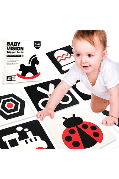 Junios Set of 40 visual and cognitive stimulation images for babies, white, black, red cards, 3-6 months