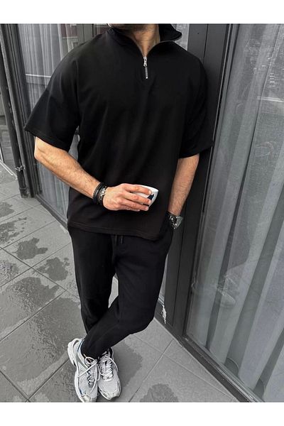 SuQ Unisex Half Zipper Basic T-Shirt - Black