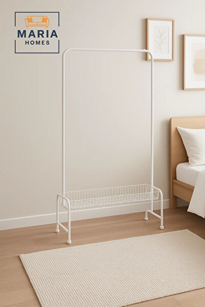 MARIA HOMES White Steel Garment Rack with Rolling Base and Wire Storage Shelf