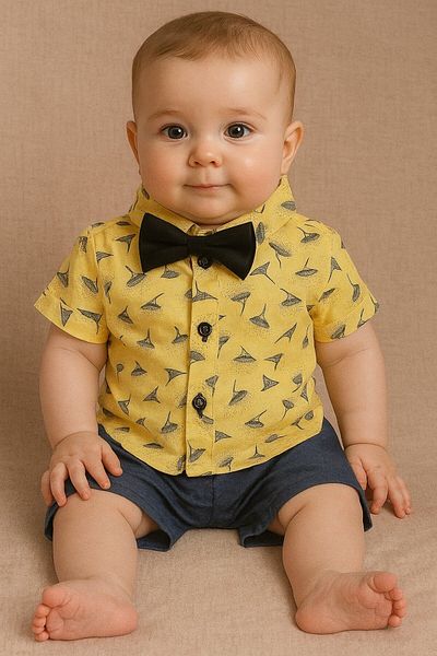 Yalçınoğlu Kids Baby Boy Breathable Skin Friendly Stretchy Bow Tie Detail Shirt Shorts Set - Exclusive for Little Gentlemen