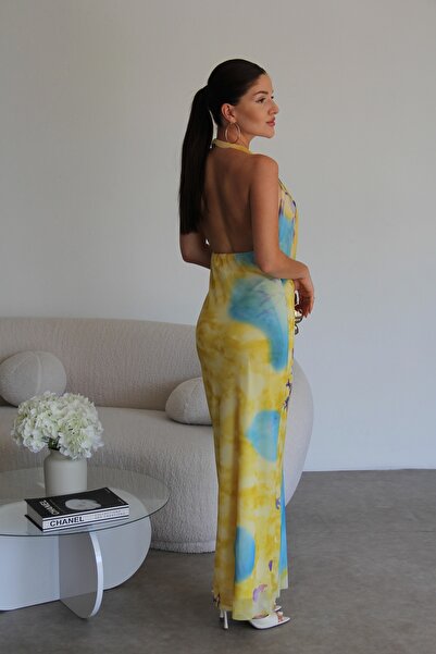 Julidress Degaje Yaka Sırt Dekolteli Desenli Astarlı Premium Şifon Tül Elbise