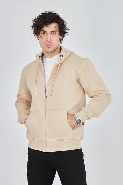SuQ Men's Hooded Plain Zippered Cardigan - Beige