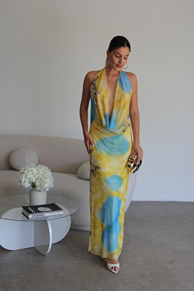 Julidress Degaje Yaka Sırt Dekolteli Desenli Astarlı Premium Şifon Tül Elbise