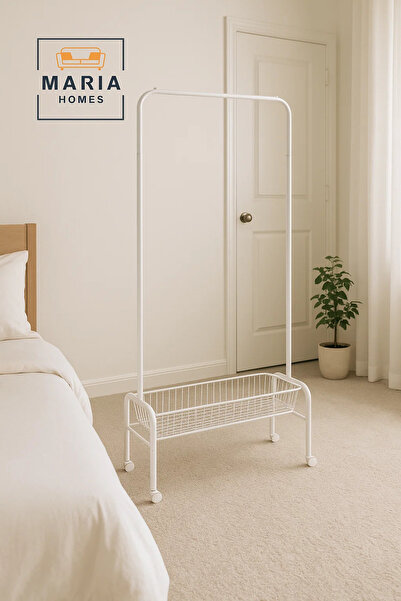 MARIA HOMES White Steel Garment Rack with Bottom Storage Basket