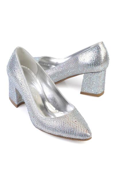 Night Shoes Gümüş Taşlı Kadın Topuklu Ayakkabı