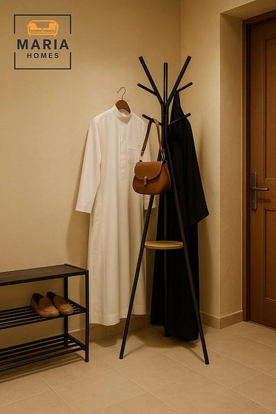 MARIA HOMES Wath LJ-F Black Tripod Coat Rack with Wooden Shelf