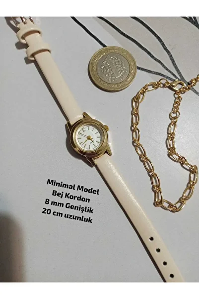 QUARTZ Minimal Model Vintage Retro Still Women's Wristwatch Beige Cord Round Gold Case (with Bracelet) 0116