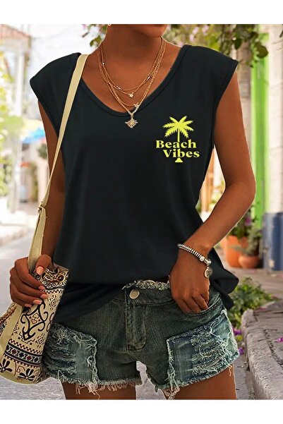 FUFLUNS تي شيرت نسائي بدون أكمام مطبوع عليه BEACH VIBES