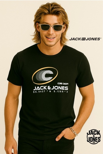 Jack & Jones Μαύρο μπλουζάκι με τυπωμένο λογότυπο J&J Men