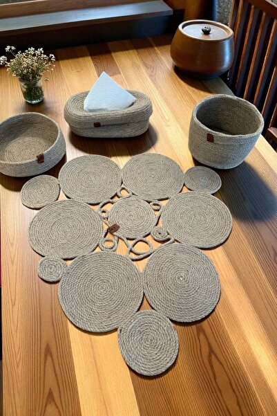 KRAFTELLA Decorative Jute Serving Set – Asymmetric Runner + Basket & Flower P...