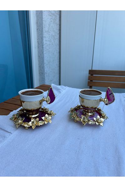vanilya accessory Floral Design Natural Stone Cup Gold/ 2 Person