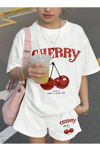COHERENT Unisex Women/Men White Colored Cherry Custom Printed Shorts T-Shirt Set