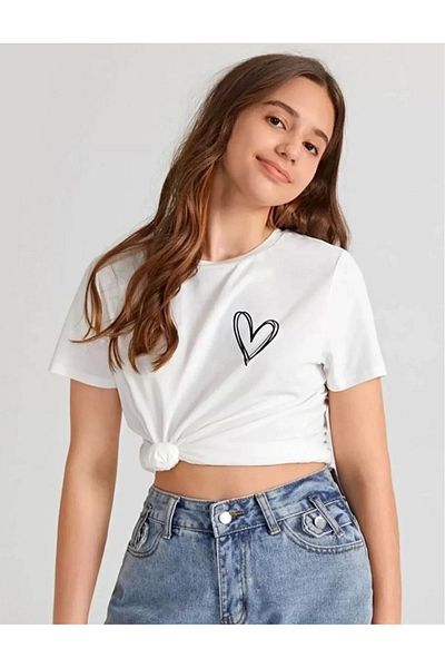 SuQ Girl's Crew Neck Printed T-Shirt - White