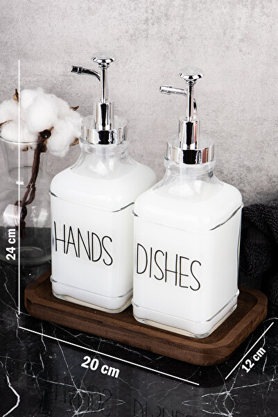 DNS HOME 2li Cam Sabunluk Seti Ahşap Stantlı Cam Sıvı Sabunluk Deterjanlık Seti El Sabunu Bulaşık Deterjanı