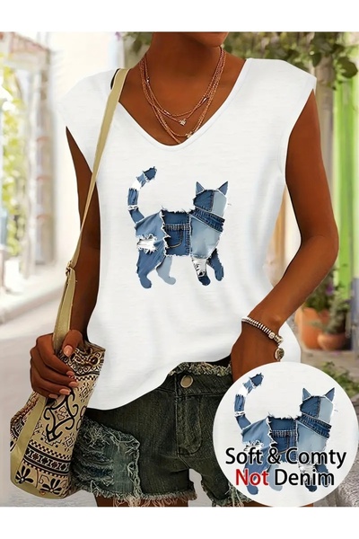 FUFLUNS تي شيرت نسائي بدون أكمام مطبوع عليه قطة