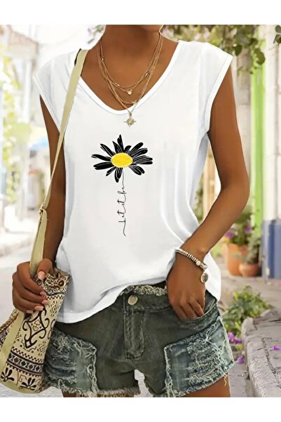 FUFLUNS تي شيرت نسائي بدون أكمام مطبوع عليه زهرة الأقحوان