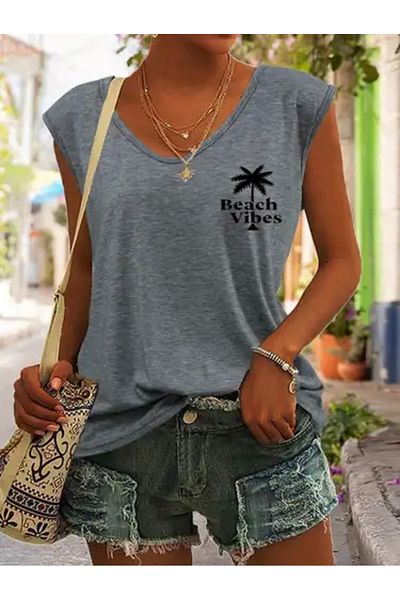 FUFLUNS Beach Vibes Printed Women's Oversize Sleeveless T-Shirt
