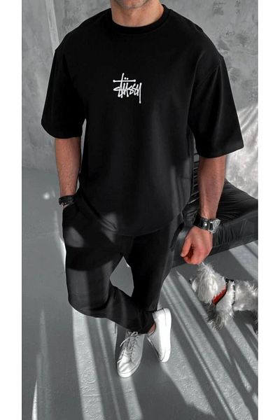 SuQ Unisex Crew Neck Printed Oversize T-Shirt - Black