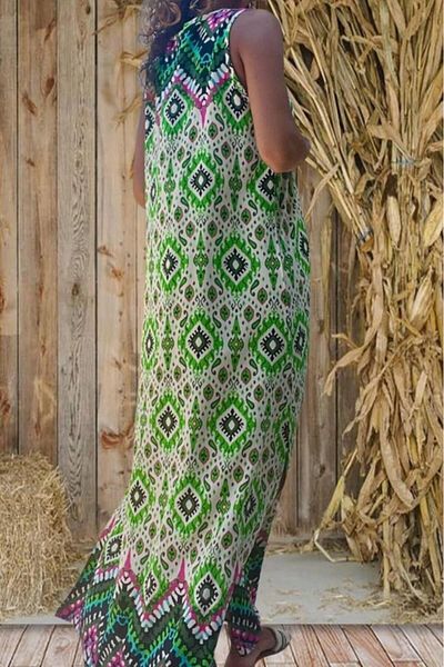 Pasaklı Giyim Women's New Season Green Viscose Thick Strap Ethnic Patterned Loose Long Dress 3650250