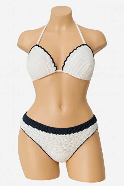 Muhtalif Markalar Hand Knitted Mussel Model Navy Blue-White Crochet Bikini Set