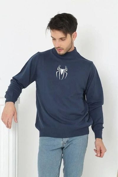 Tarz Tricotaje țesute Indigo - Jumătate de gât, mânecă lungă, design imprimat