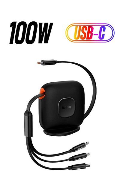 Baseus كابل شحن سريع 3 في 1، قابل للسحب، 100 واط، لهاتف iPhone 15، بطول 1.7 متر، من Type C إلى Lightning/USB-C/Micro