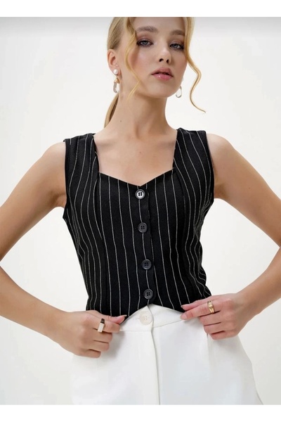 By Mop Striped Crepe Button Vest Black S3395