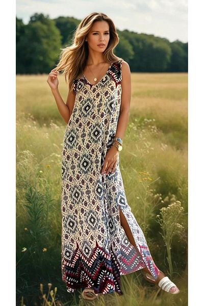 Pasaklı Giyim Women's New Season Gray Viscose Thick Strap Ethnic Patterned Loose Long Dress 3650250