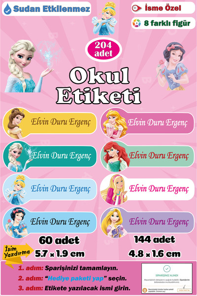 GSticker İsme Özel Okul Etiketi Kalem Defter Etiketi Sticker Çocuk Prenses Fi...
