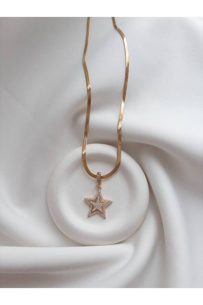Minne Jewelry-Accessory Steel Italian Crushed Chain Star Necklace - Star Stone Detailed Necklace - Steel Star Necklace