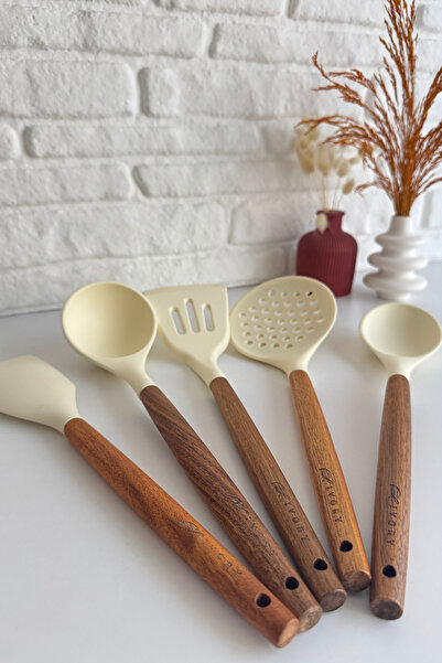 yeninesilevim 5'li Akasya Saplı Krem Silikon Spatula Kevgir Kepçe Kaşık Servi...