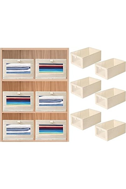 The Bros مجموعة من 6 صناديق تنظيم خزانة قابلة للطي - سلال تخزين الكتان مع نافذة للملابس والأرفف