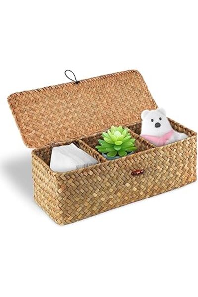 The Bros سلة تخزين بغطاء، منظم منسوج يدويًا من 3 أقسام للحمام، وخزانة الملابس...