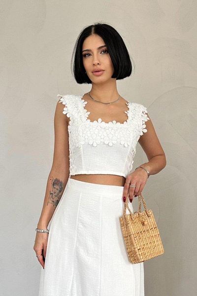 MODA White Guipure Crop and Skirt Set
