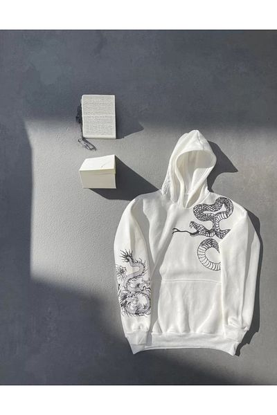 dododan Uzun Kol Kapüşonlu Baskılı Sweatshirt - Beyaz