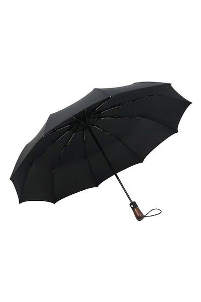 darklove Folding Umbrella, ergonomic wooden handle and 10 ribs, For women and men, Rain protection, Black