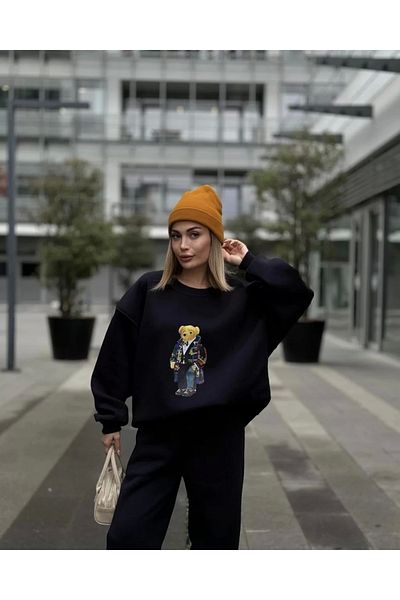 SuQ    Crew Neck Three Thread Sweat Suit - Black