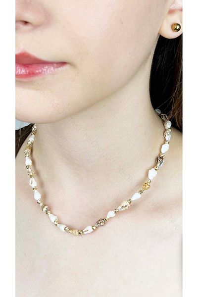 Neon Takı by Atalay Sensitivity Tag and Seashell Necklace 425, Beige - White